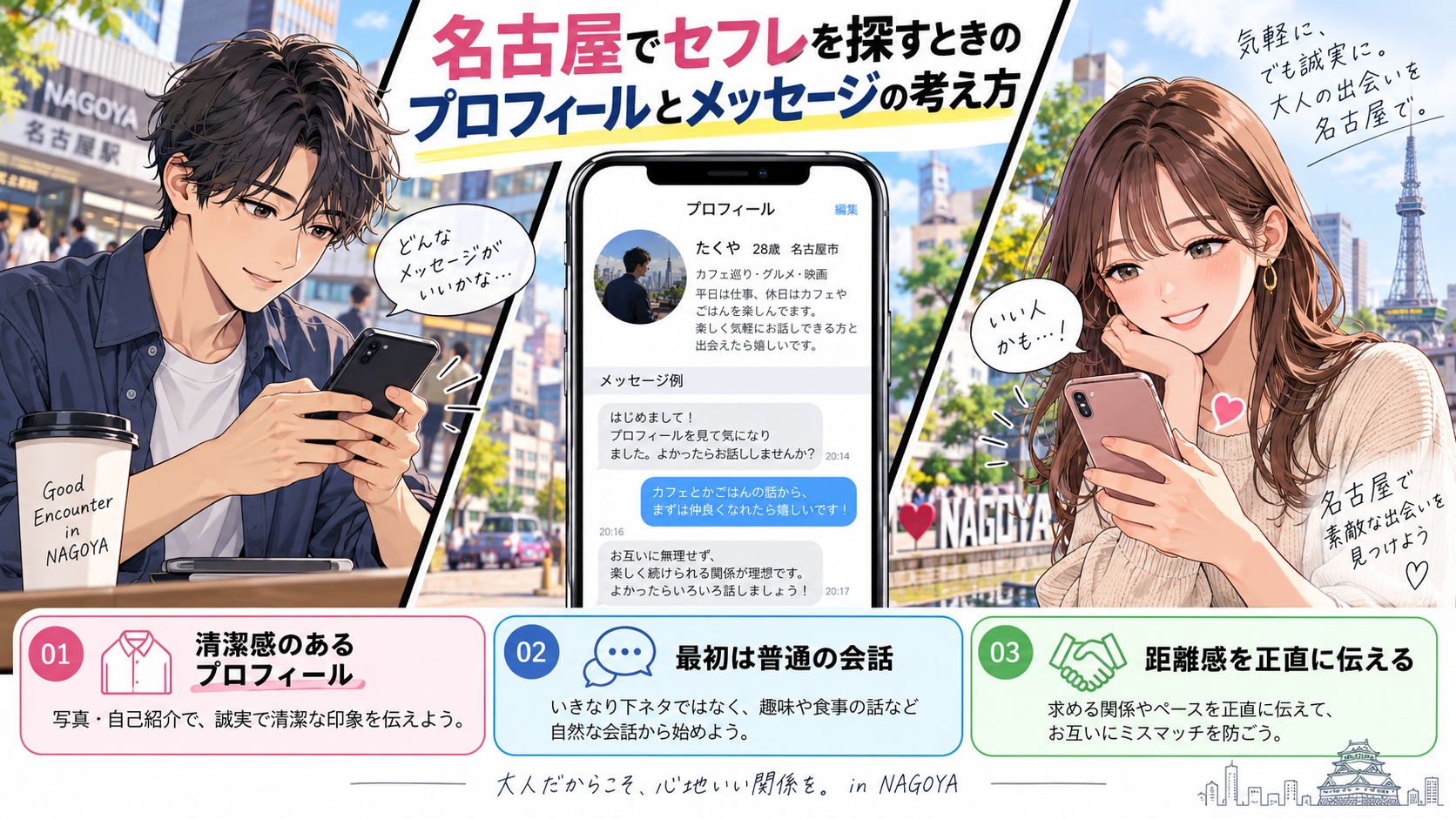 名古屋でセフレを探すときのプロフィールとメッセージの考え方画像