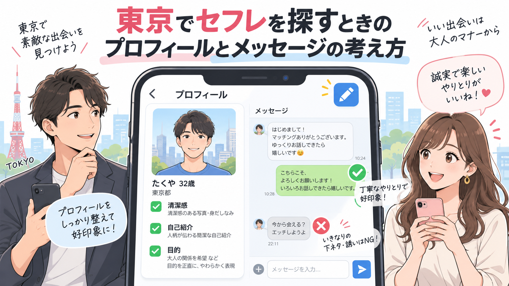 東京でセフレを探すときのプロフィールとメッセージの考え方画像