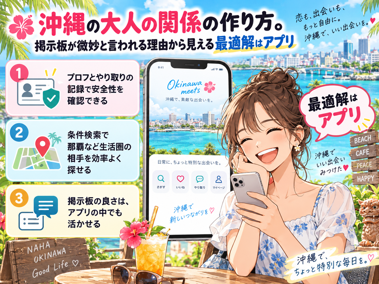 沖縄のセフレの作り方。掲示板が微妙と言われる理由から見える最適解はアプリ画像