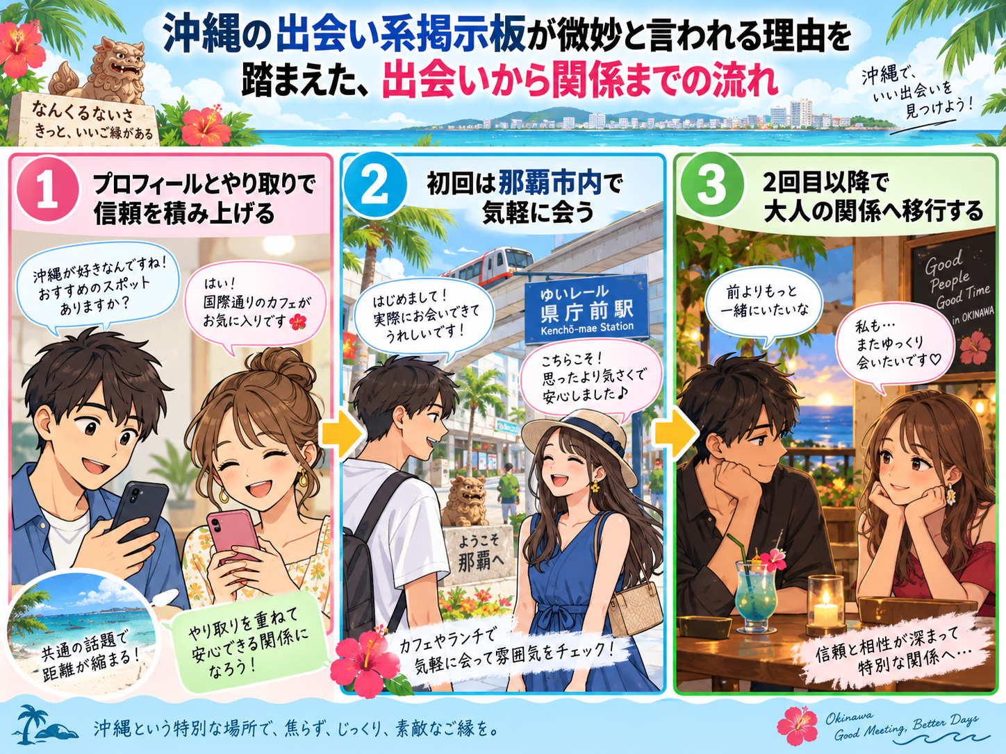 沖縄のセフレの作り方。掲示板が微妙と言われる理由を踏まえた、出会いから関係までの流れ画像