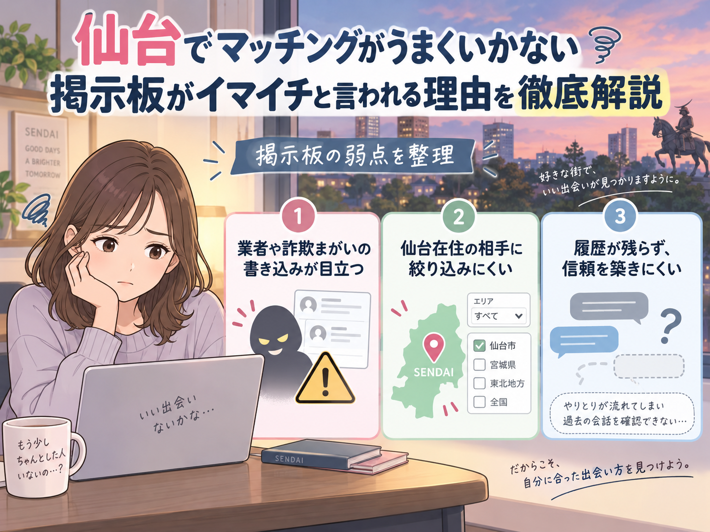 仙台でセフレ探しがうまくいかない。掲示板がイマイチと言われる理由を徹底解説画像