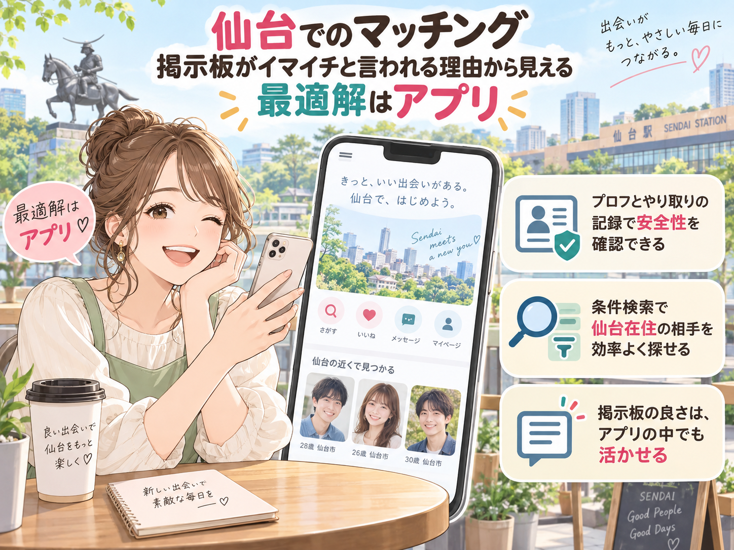 仙台のセフレの作り方。掲示板がイマイチと言われる理由から見える最適解はアプリ画像