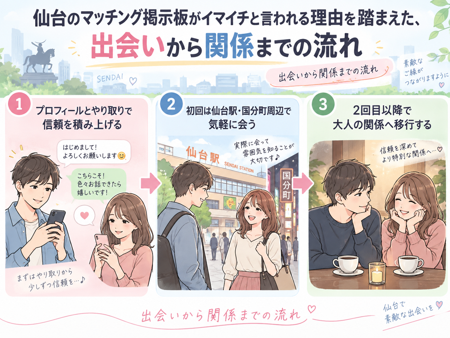 仙台のセフレの作り方。掲示板がイマイチと言われる理由を踏まえた、出会いから関係までの流れ画像