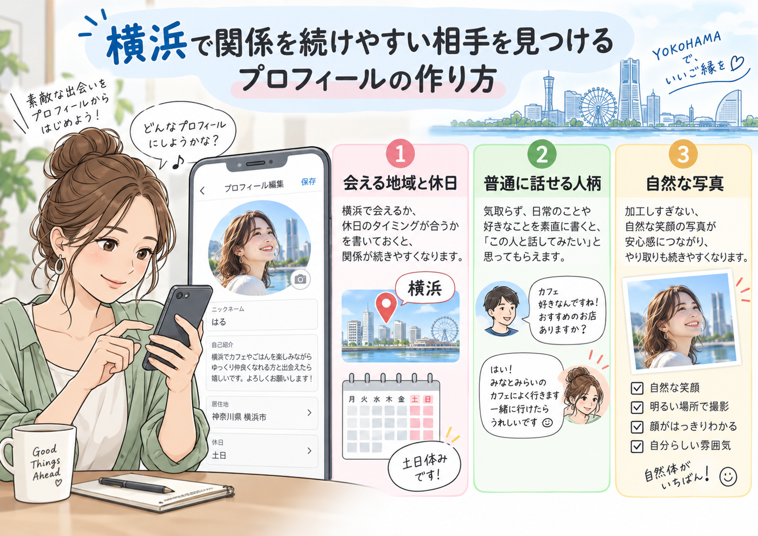 横浜で関係を続けやすい相手を見つけるプロフィールの作り方画像