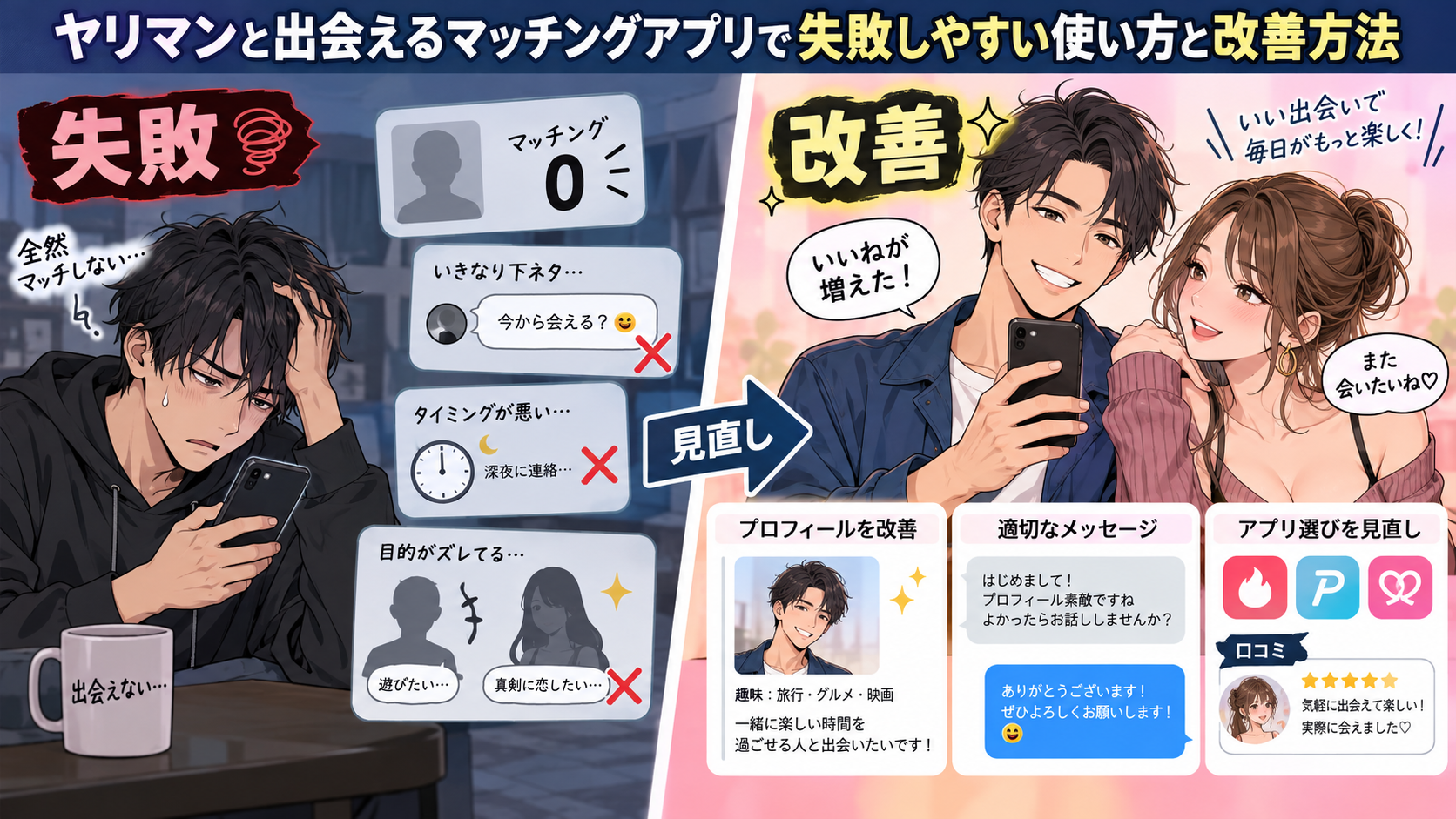 ヤリマンと出会えるマッチングアプリで失敗しやすい使い方と改善方法画像
