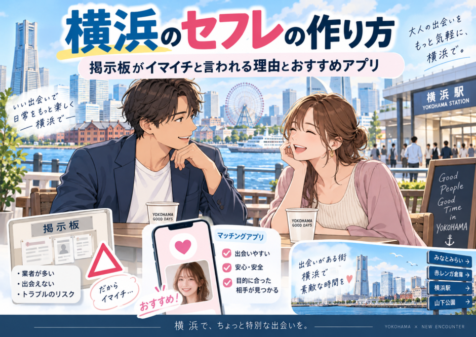 横浜のセフレの作り方｜なぜ掲示板がイマイチと言われる？ 理由とおすすめアプリアイキャッチ